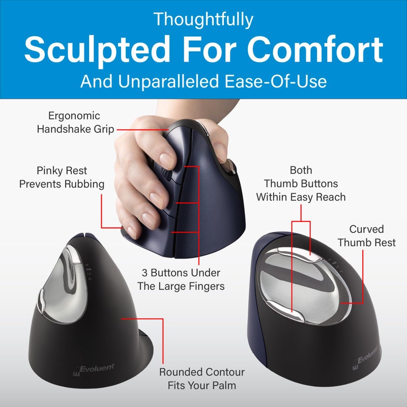 Evoluent â€“ Inventor of the Vertical Mouse â€“ VM4RW Ergonomic Vertical Mouse Right Hand Regular Size Wireless USB, Sculpted for Comfort, Reduces Wrist Strain, 4 Speeds, 6 Customizable Buttons in Windows - Image 5